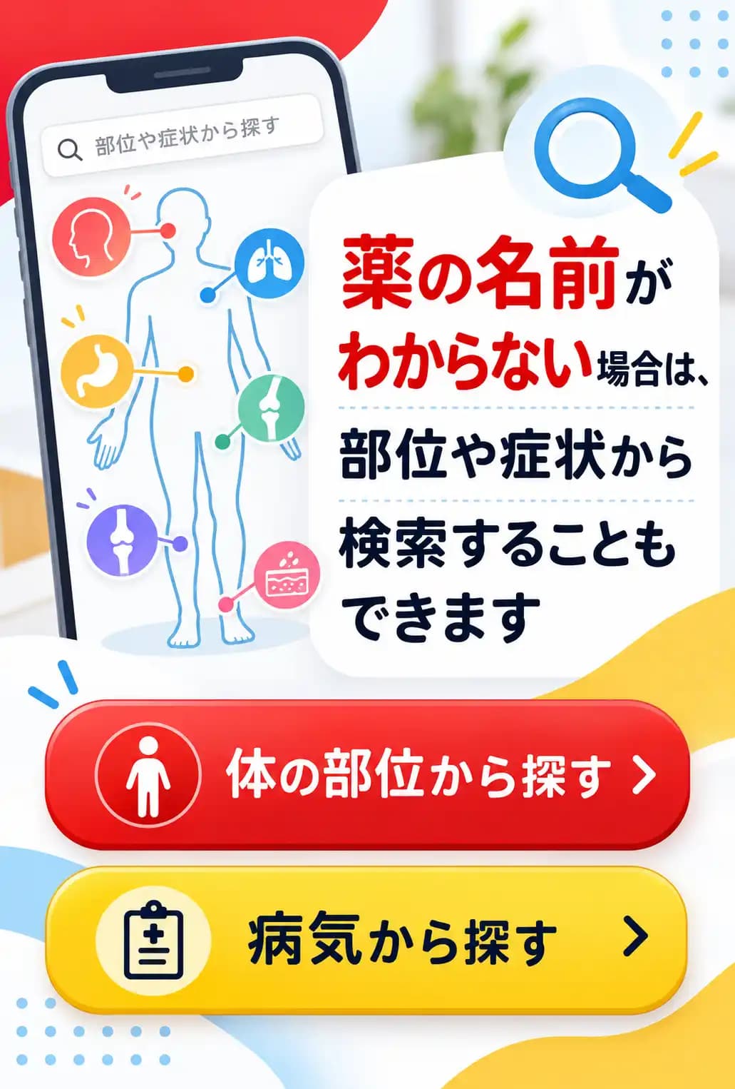 薬の名前がわからない場合は、体の部位や病気から探すこともできます