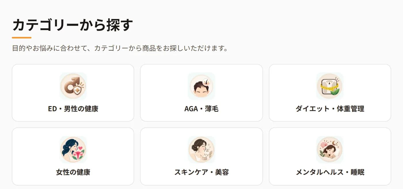 メディカ丸のカテゴリー一覧ページ。ED・男性の健康、AGA・薄毛、ダイエット・体重管理、女性の健康、スキンケア・美容、メンタルヘルス・睡眠などのカテゴリーがアイコン付きで並んでいる。